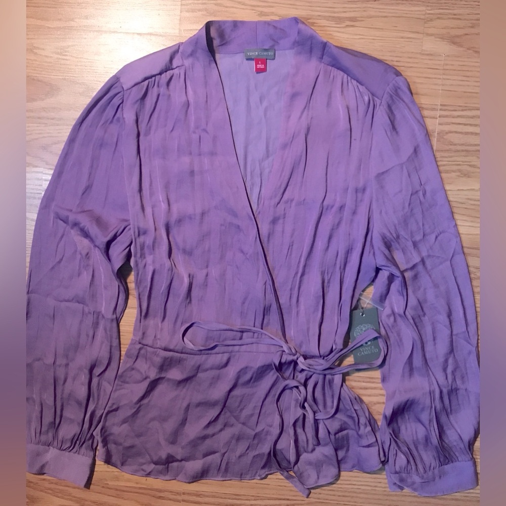 Vince Camuto Purple Wrap Tunic Blouse L Lightweight Knit Belt Tie $89 Retail